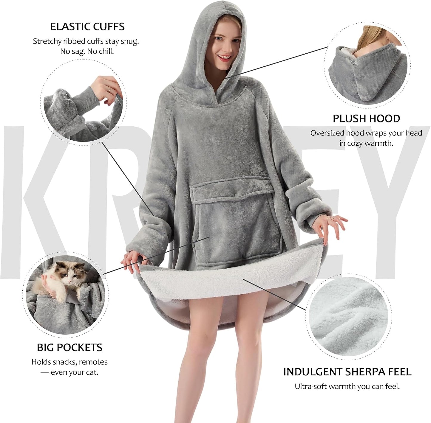 Krifey Wearable Blanket Hoodie, Oversized Sherpa Hooded Blanket for Adults | Soft sherpa fleece with sleeves and pocket; oversized fit for lounging, WFH, camping, Christmas and white elephant gifts.