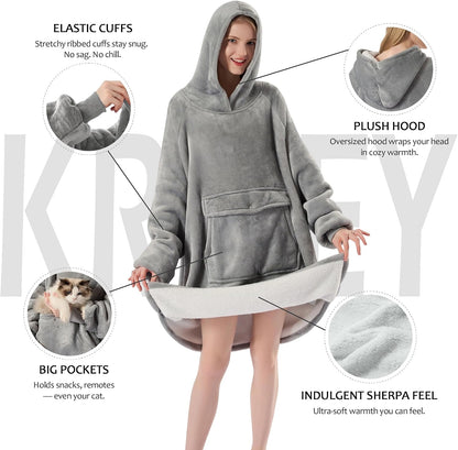 Krifey Wearable Blanket Hoodie, Oversized Sherpa Hooded Blanket for Adults | Soft sherpa fleece with sleeves and pocket; oversized fit for lounging, WFH, camping, Christmas and white elephant gifts.