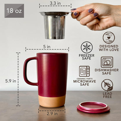 Mora Ceramics Large Tea Mug with Loose Leaf Infuser and Ceramic Lid, 18 oz, Portable, Microwave and Dishwasher Safe, Tall Coffee Cup - Rustic Matte Ceramic Glaze, Modern Herbal Tea Strainer, Olive
