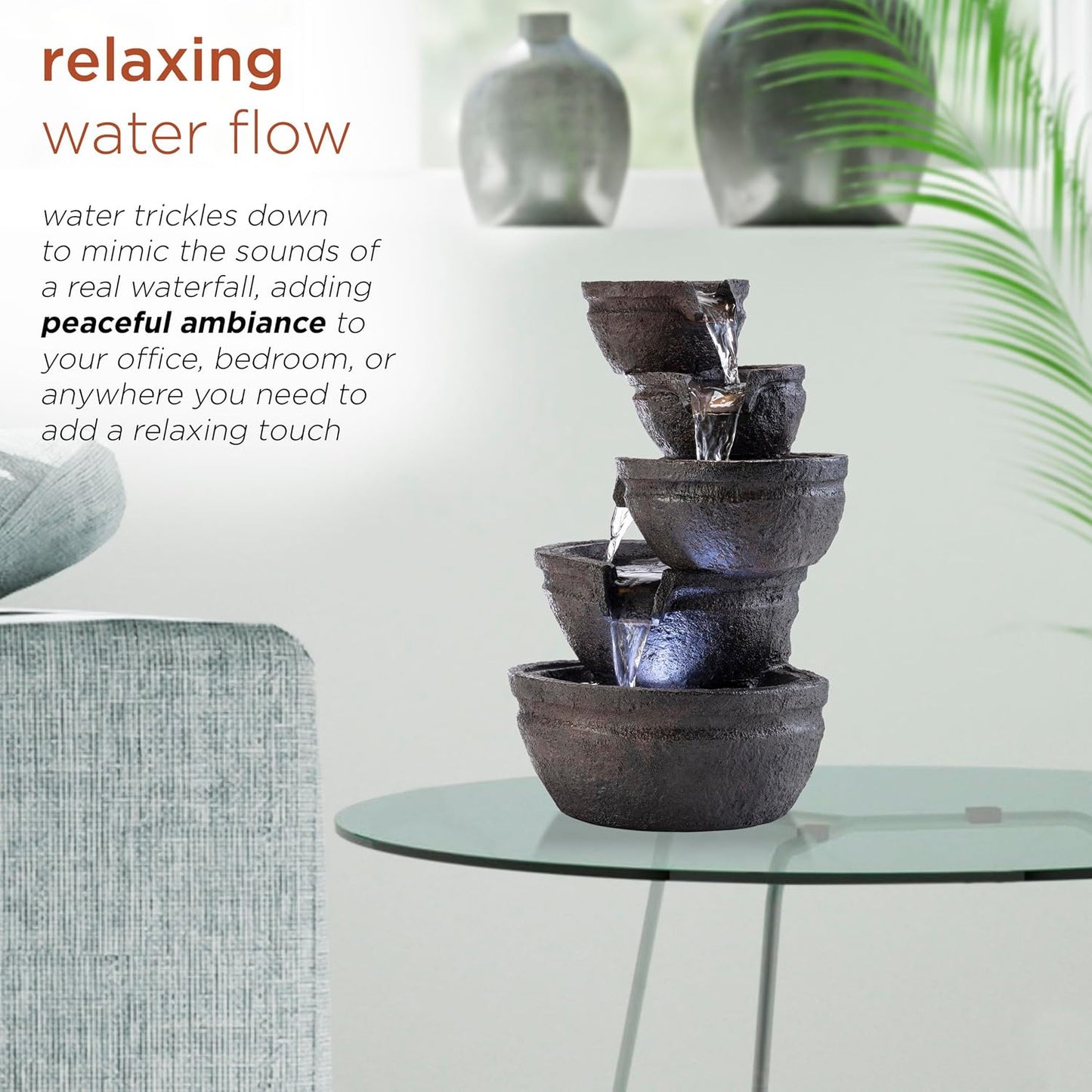 Alpine Corporation WIN1138 13" Indoor Tabletop Tiering Bowls Water Fountain with LED Lights – Cascading Water Feature for Home, Office, Meditation, and Relaxation, Dark Gray