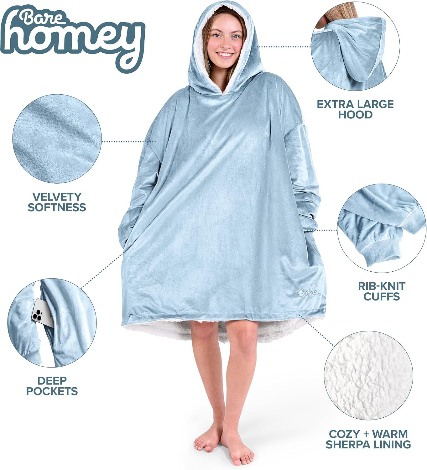 Bare Home Wearable Blanket Hoodie - Soft Plush Sherpa - Warm and Cozy - Oversized Wearable Blanket