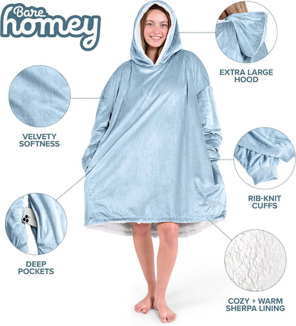 Bare Home Wearable Blanket Hoodie - Soft Plush Sherpa - Warm and Cozy - Oversized Wearable Blanket