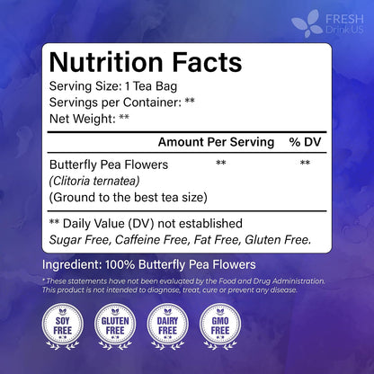 FreshDrinkUS, Premium Butterfly Pea Flowers Tea, 100 Count, Caffeine Free
