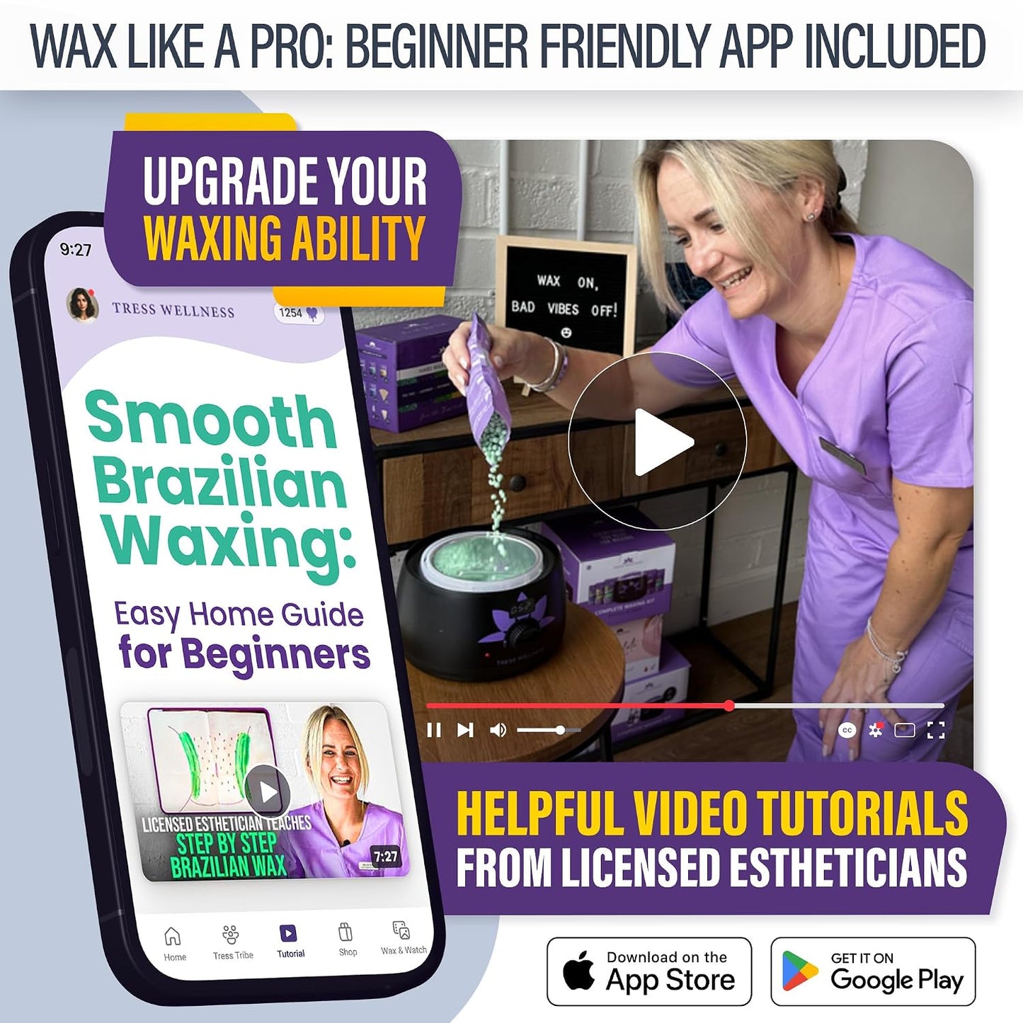 Tress Wellness Award Winning Waxing Kit for Sensitive Skin, Safe for Face & Skin, Easy to Use, At-Home Kit for Face, Bikini, Brazilian & Full Body - Digital Display, Black Purple Flower