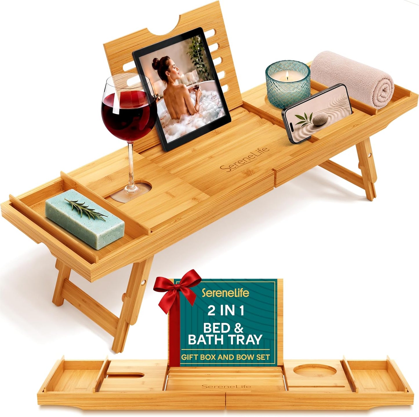 SereneLife Bath Caddy Breakfast Tray Combo - Natural Bamboo Wood Waterproof Tub and Bed with Folding Slide-Out Arms, Device Grooves, Wine Glass Soap Holder