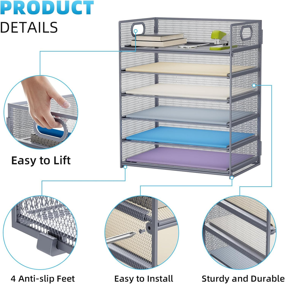Marbrasse 6 Tier Paper Organizer Letter Tray - Mesh Desk File Organizer with Handle, Paper Sorter Organizer for Letter/A4 Office File Folder Holder - Black