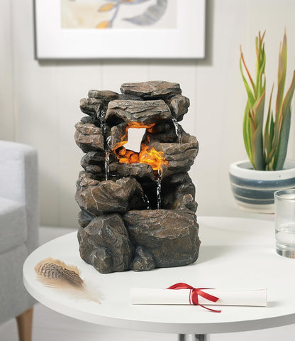 Cascading Indoor Tabletop Water Fountains with LED Light - Rockery Waterfall Fountain - Quiet and Relaxing Water Sound - Small 9.7 Inch Desktop Size - Home/Office Decor