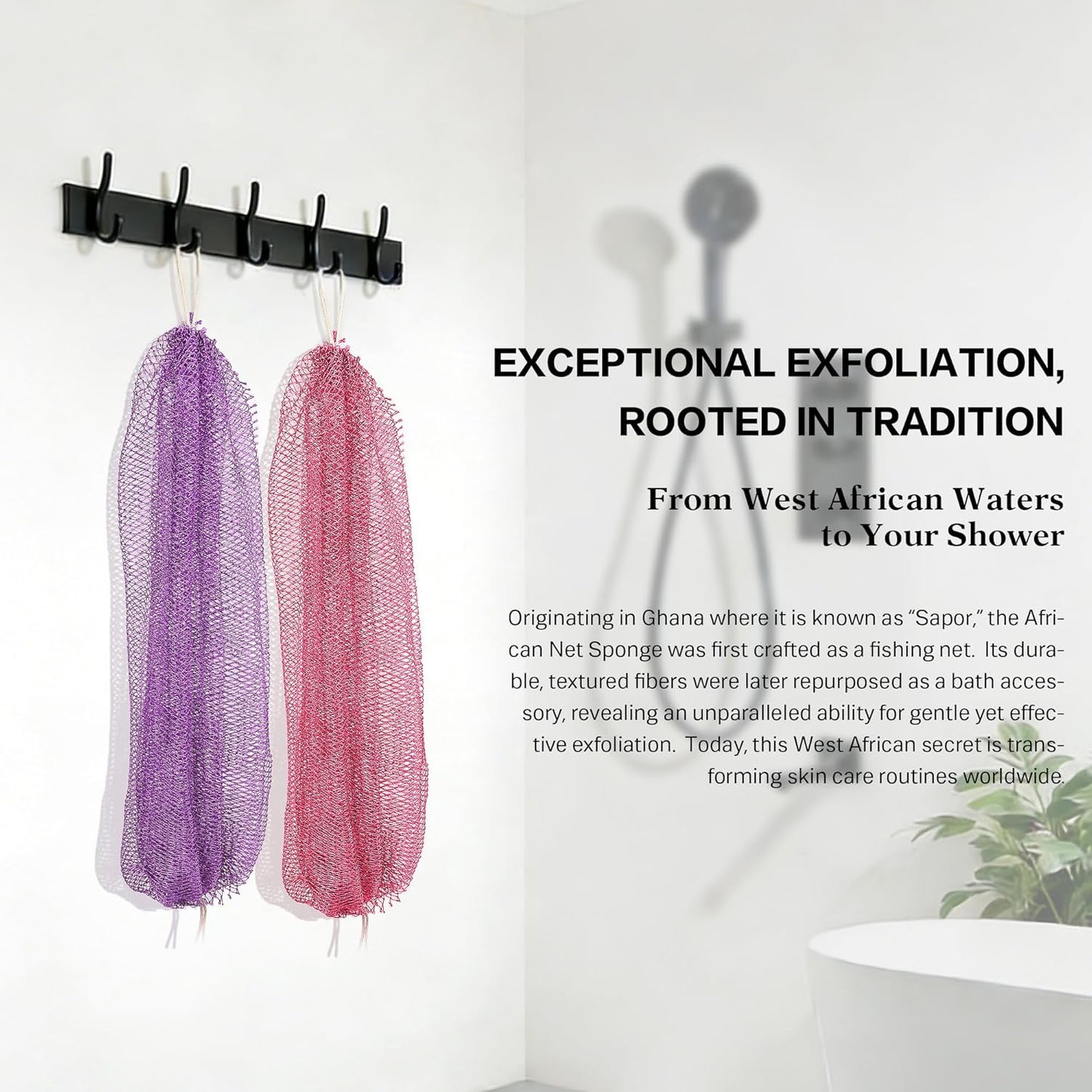 UJFQBH 3 Pieces African Bath Sponge African Net Long Net Bath Sponge Exfoliating Shower Body Scrubber Back Scrubber Skin Smoother,Great for Daily Use (Pink,Yellow,Purple)