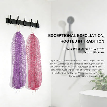 UJFQBH 3 Pieces African Bath Sponge African Net Long Net Bath Sponge Exfoliating Shower Body Scrubber Back Scrubber Skin Smoother,Great for Daily Use (Pink,Yellow,Purple)