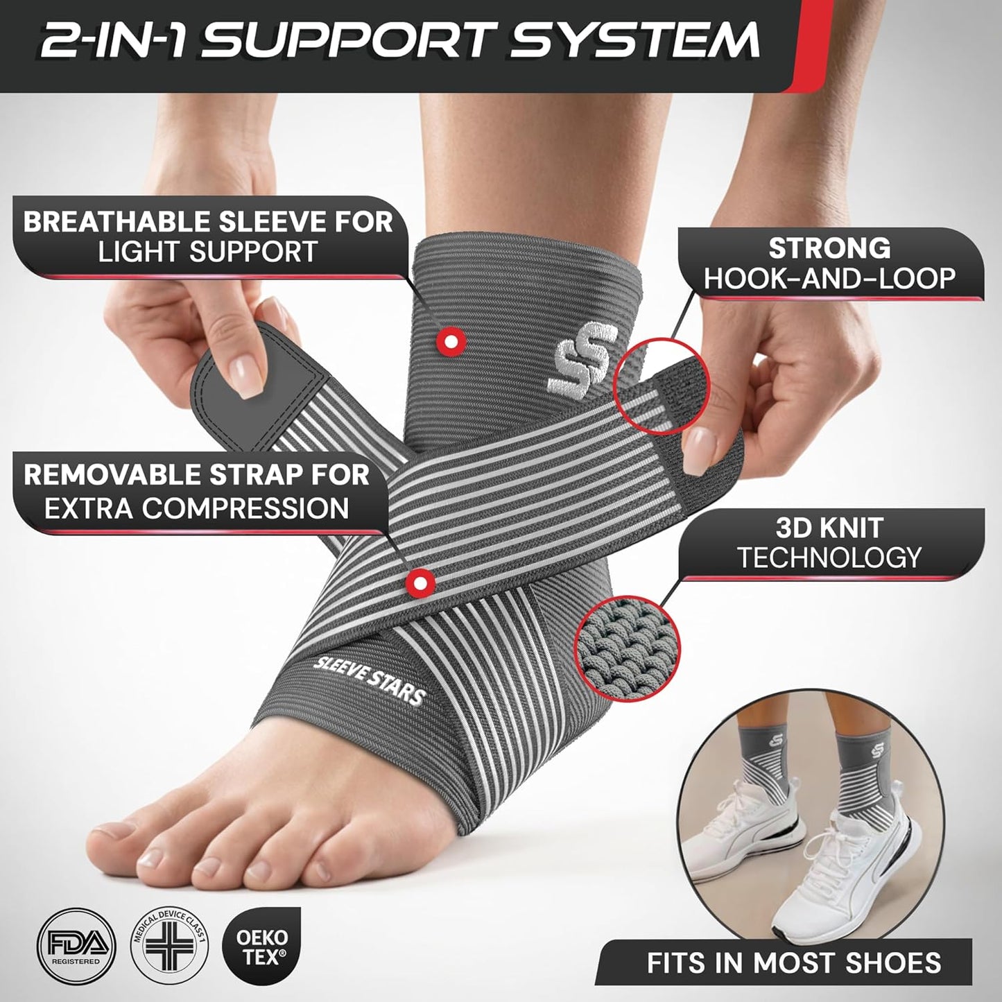 Sleeve Stars Ankle Brace for Women & Men, Ankle Wrap for Sprain, Compression Sleeve for Plantar Fasciitis Relief, Easy Customizable Support: w/ Removable Strap (Single/M:10"-12"/Black)