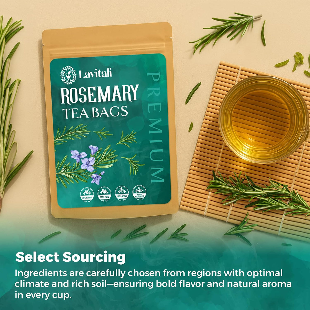 Lavitali, Rosemary Leaves Tea Bags | 60 bags, 100% Pure Herbal Tea | Caffeine-Free, No Sugar, Eco-Friendly Filter Bags | Daily Natural Botanical, Hot or Iced Herbal Infusion