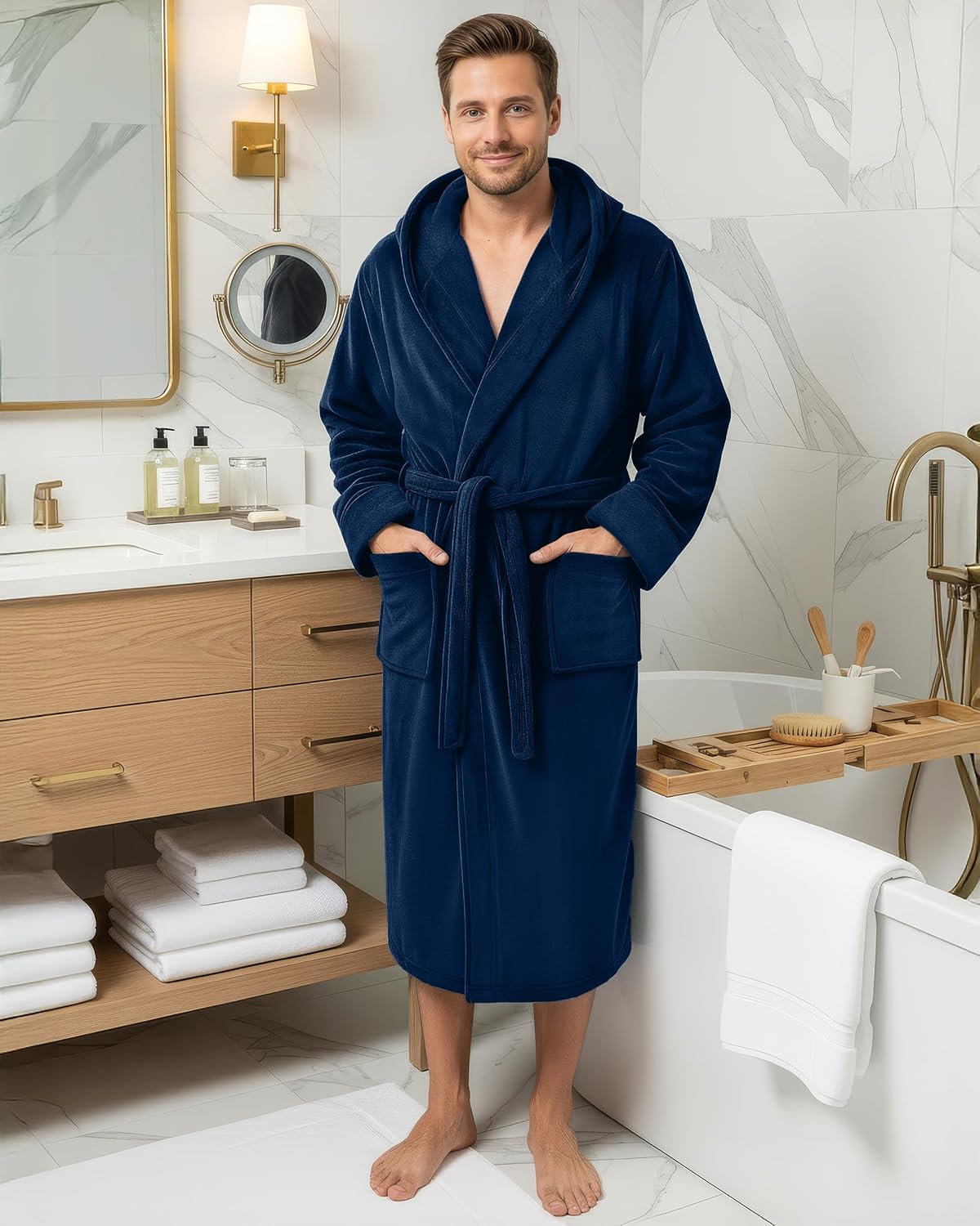 NY Threads Mens Robe with Hood, Luxury Plush Fleece Hooded Mens Bathrobe, Spa Bath Robe for Men