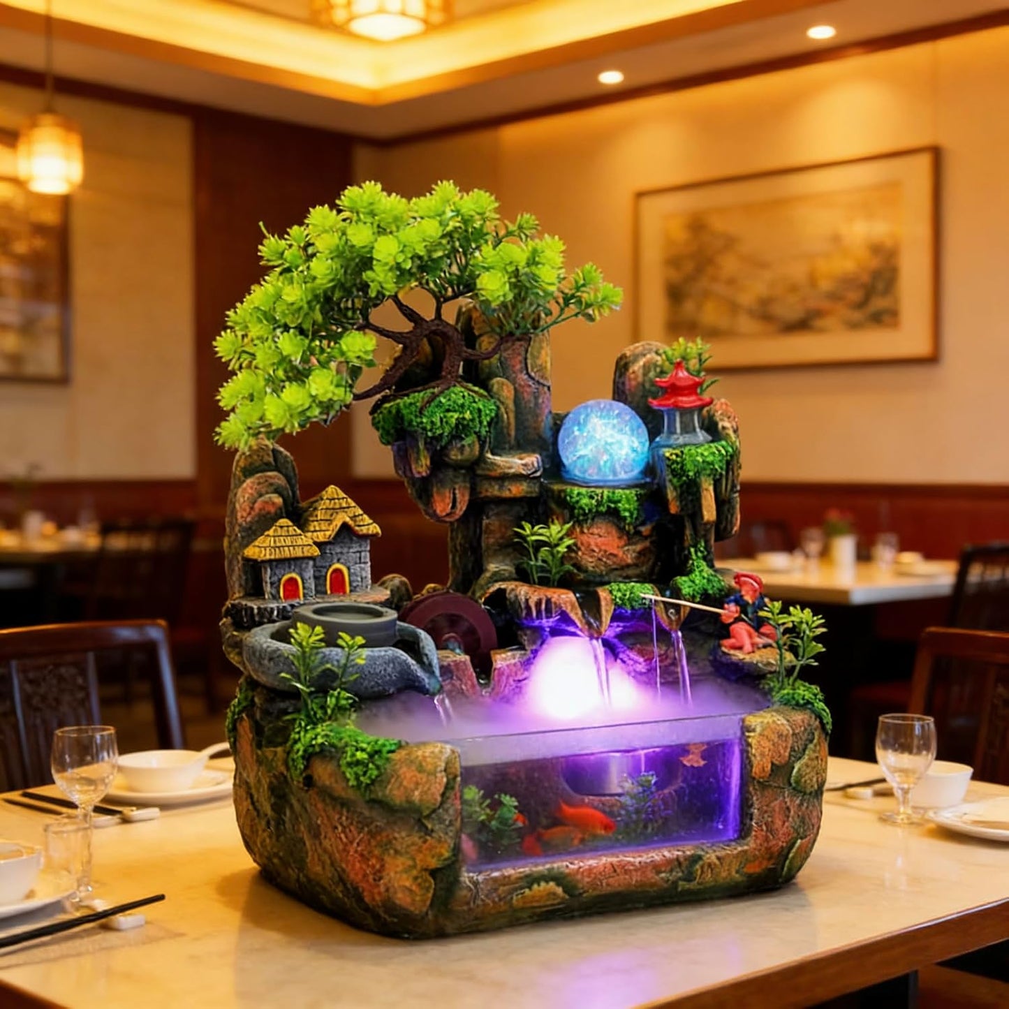 Mini Artificial Bonsai Tree Waterfall Fog Feature Rock Tabletop Fountain | 11in Desktop Decor Waterfall Fountain W/ Water Pump& Atomizer&LED Lights &Fake Tree Office Bedroom Relax
