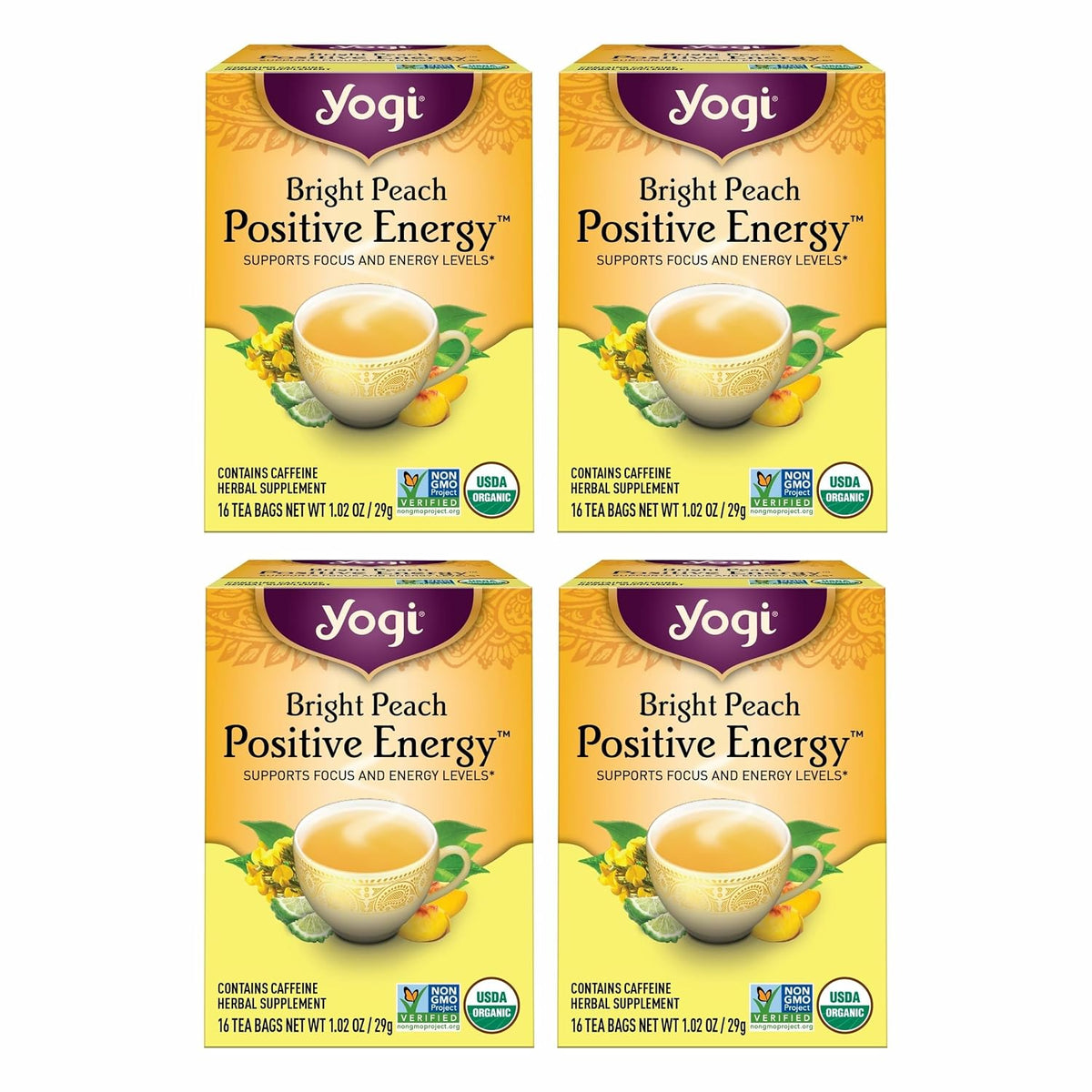 Yogi Bright Peach Positive Energy Tea, 16 Tea Bags (4 Pack)