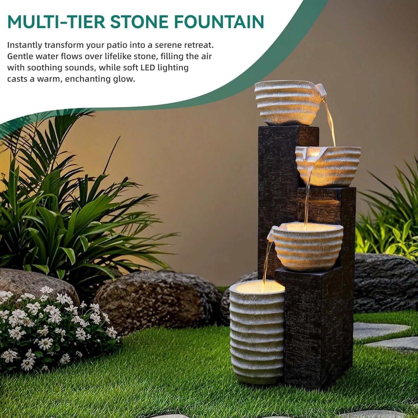 19.5" H 4-Tier Indoor & Outdoor Water Fountain with LED Lights | Resin Pebble Textured Tabletop Cascading Water Feature, Relaxing Decor for Patio, Porch, Deck, Yard & Home