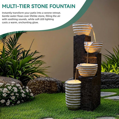 19.5" H 4-Tier Indoor & Outdoor Water Fountain with LED Lights | Resin Pebble Textured Tabletop Cascading Water Feature, Relaxing Decor for Patio, Porch, Deck, Yard & Home