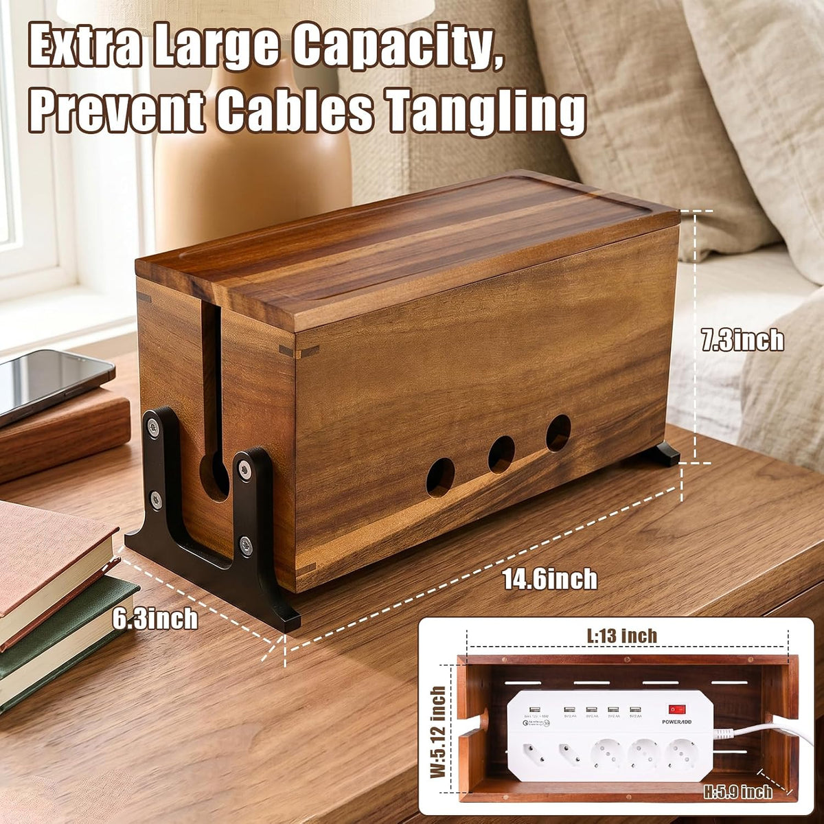 Extra Large Acacia Wood Cable Management Box, Pet Child Safe Cord Hider