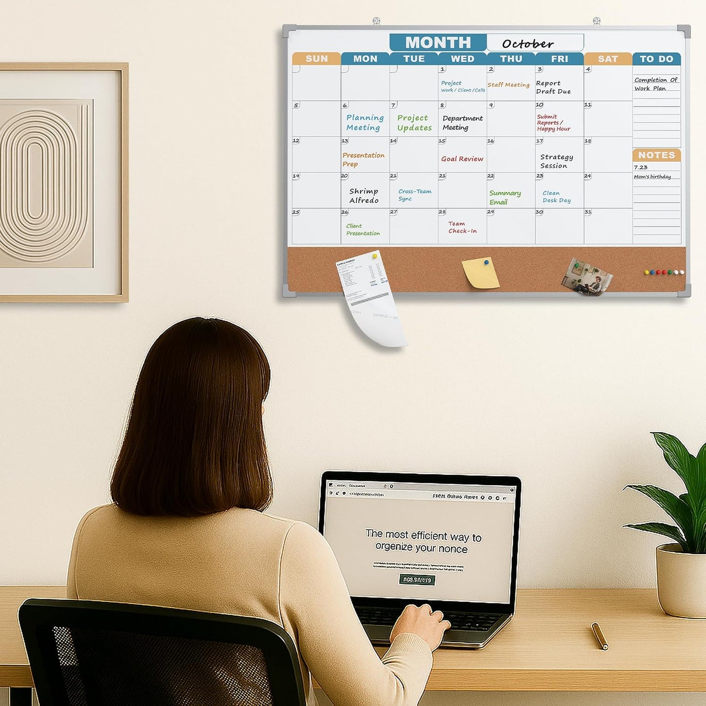 Monthly Calendar Dry Erase Board 16x12 Inch, Double-Sided Whiteboard and Corkboard Combo, Wall Mounted Planner Organizer with Markers, Magnets, Push Pins, Eraser, for Home Office School
