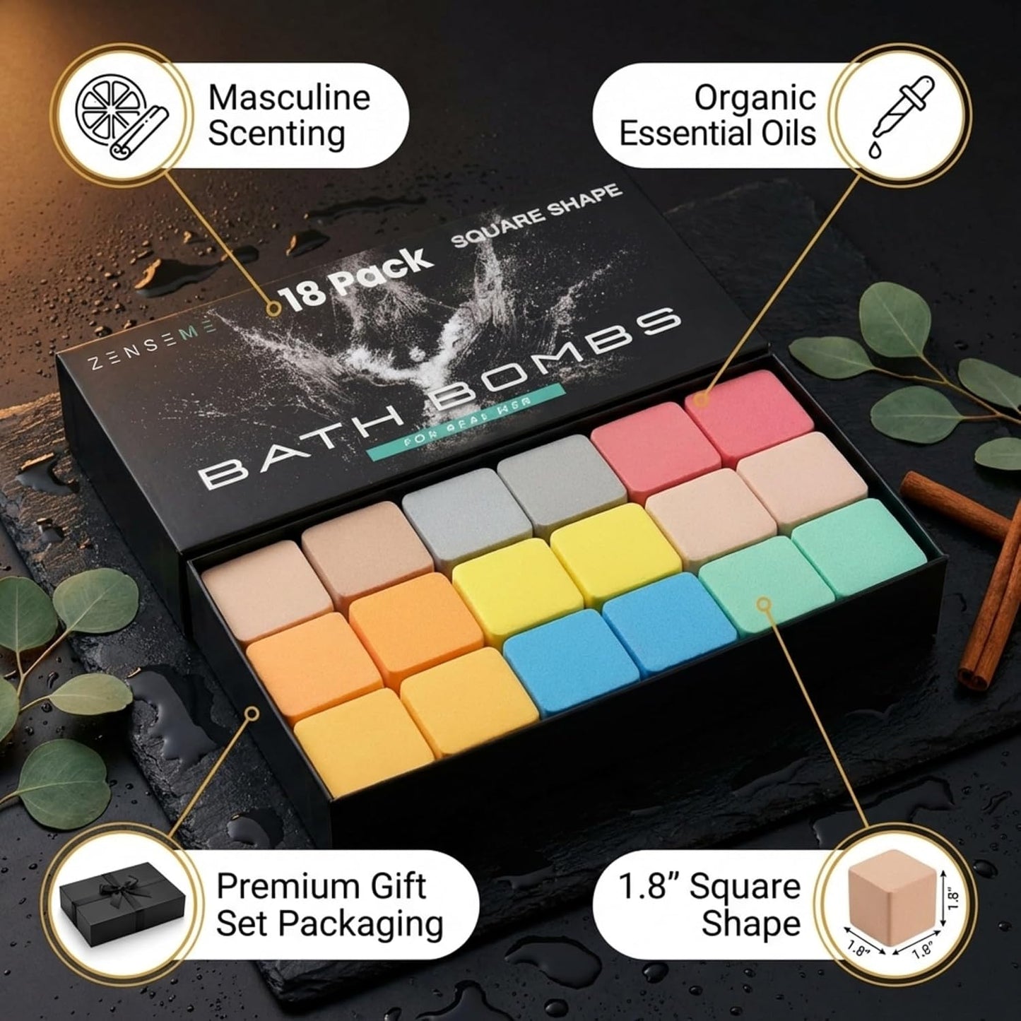 Bath Bombs for Men - Gift Set of 18 Square Shaped Handmade Natural Bath Bombs of 2.5 oz w/Essential Oils, Unique Manly Scents, for Boyfriend, Husband, Father - 18 Pack Square