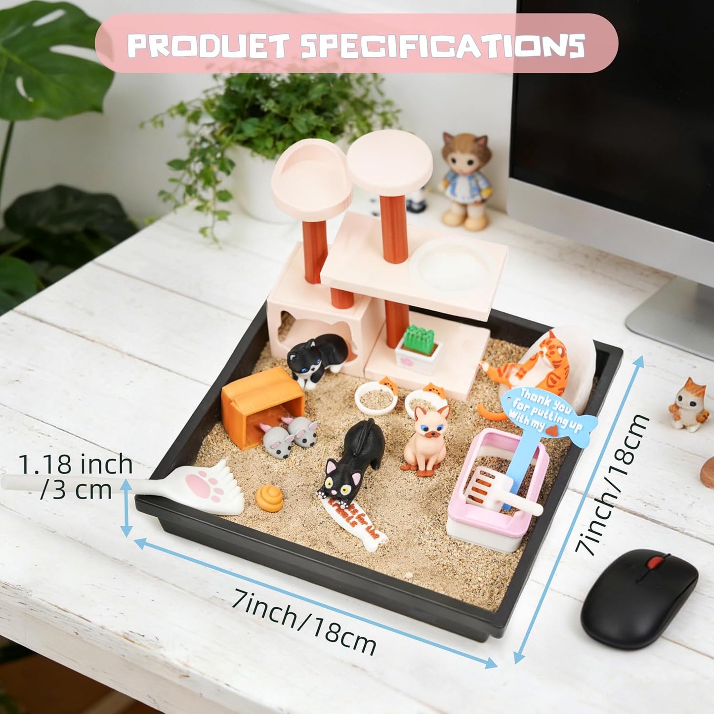 Tian Zhun Cat Lover Gifts for Women Adults Cat Mom Gifts Mini Zen Garden for Desk Cats Themed Gift Sand Tray Therapy Kit Sand Included