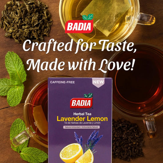 Badia Lavender & Lemon Tea – Herbal Tea with Floral Lavender & Citrus Lemon Supporting Stress Relief and Relaxation, Hot or Iced Teas, Kosher, Caffeine-Free, 25 Tea Bags