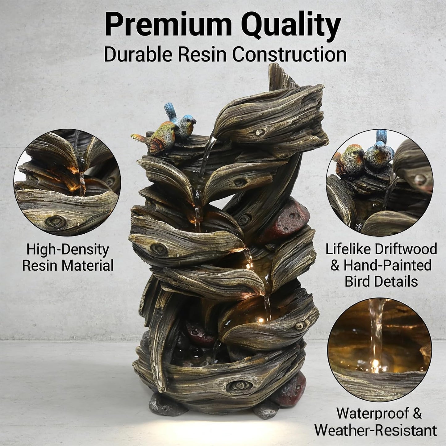 4-Tiered Tabletop Water Fountain 17.9-Inch Indoor Waterfall Feature with LED Lights Resin Relaxation Decor for Home，Office，Yard and Graden