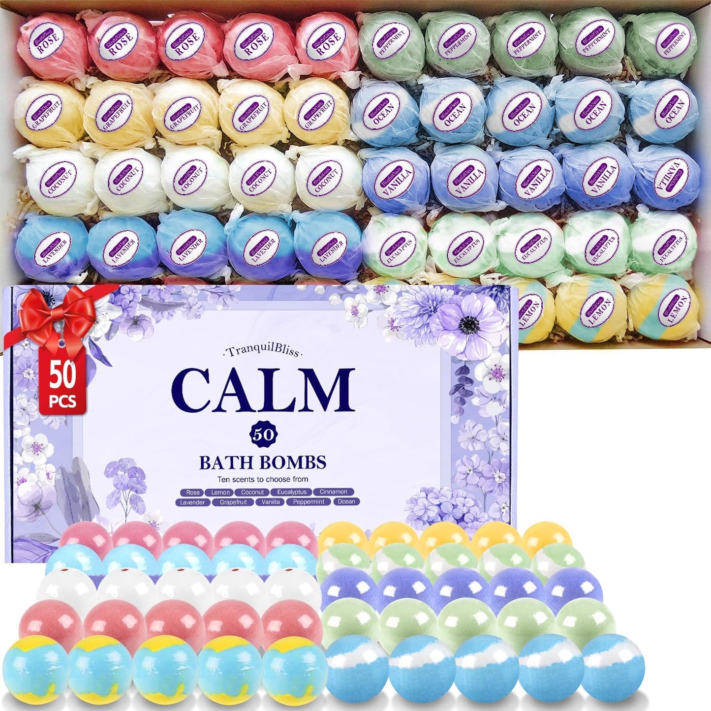 TranquilBliss Bath Bombs Set 50 PCS with 10 Rich Scents, Bath Bombs for Women, Natural Bubble Bombs with Shea Butter & Safe Oil, Ideal for Mother's Day, Valentine's Day, Christmas, Birthday Present