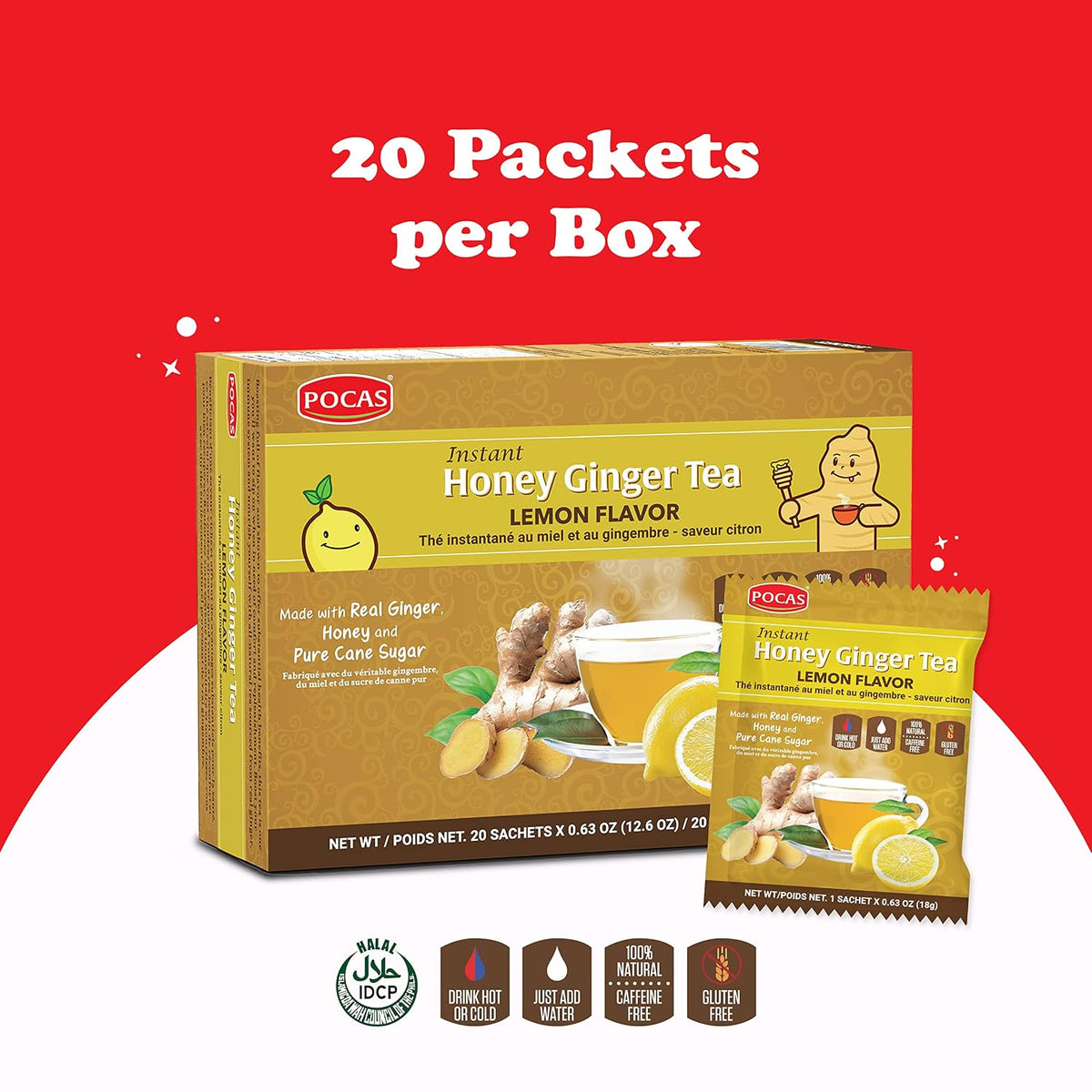 Pocas Honey Ginger Instant Tea Powder, Lemon Flavor 2-Pack, Ginger Extract & Real Honey, Caffeine-Free Tea, 20 Packets per Box