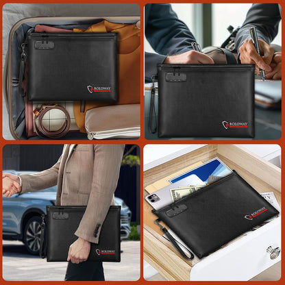 ROLOWAY Fireproof Document Bag (14.5 x 11.5 inch), 6400℉ Fireproof Money Bag with Zipper for Cash, Fire Safe Money Pouch with Lock (Black)