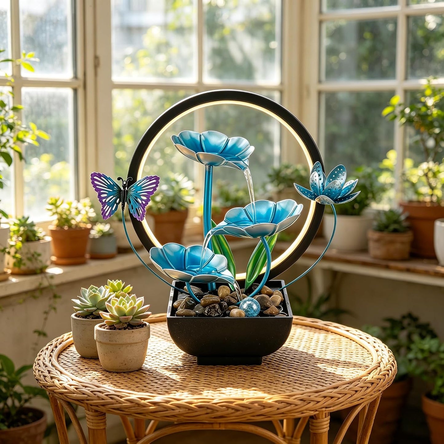 Tabletop Fountain,Indoor Water Fountain,Home Fengshui Décor Zen Relaxation Soothing Sound Machine for Office,Living Room,or Bedroom,Green Lotus,Hummingbird & Pink Flower,9.1inch