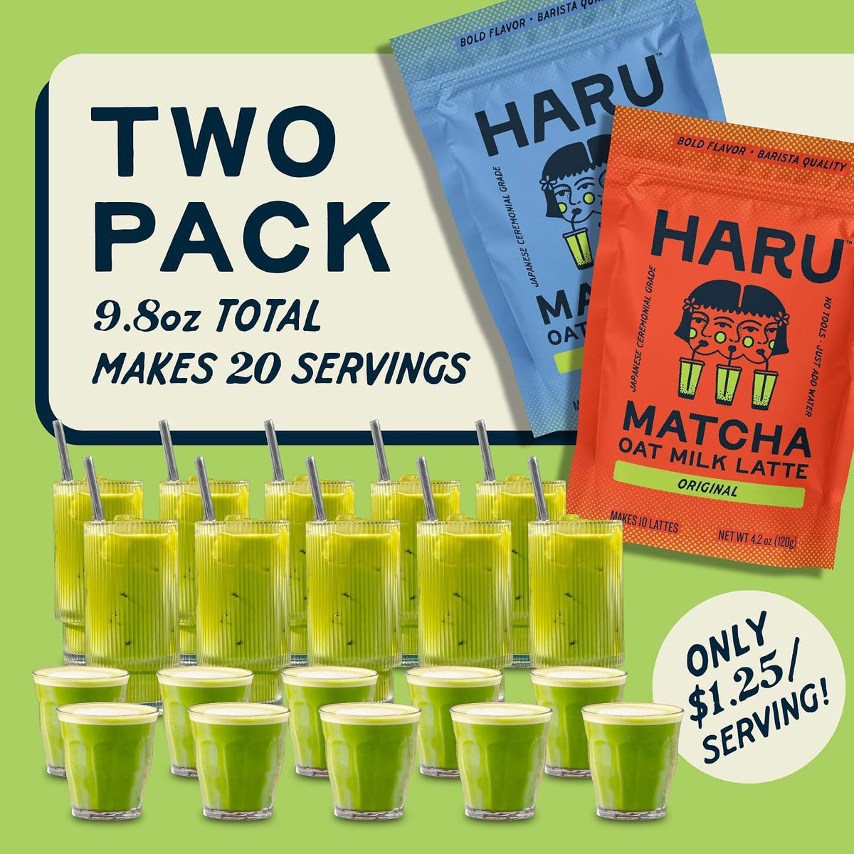 Haru Original Matcha Oat Milk Latte Mix, Ceremonial Japanese Matcha, Barista-Style Instant Latte, Vegan, Non-Dairy, Smooth Clean Energy, Just Add Water, 2-Pack (20 Lattes)