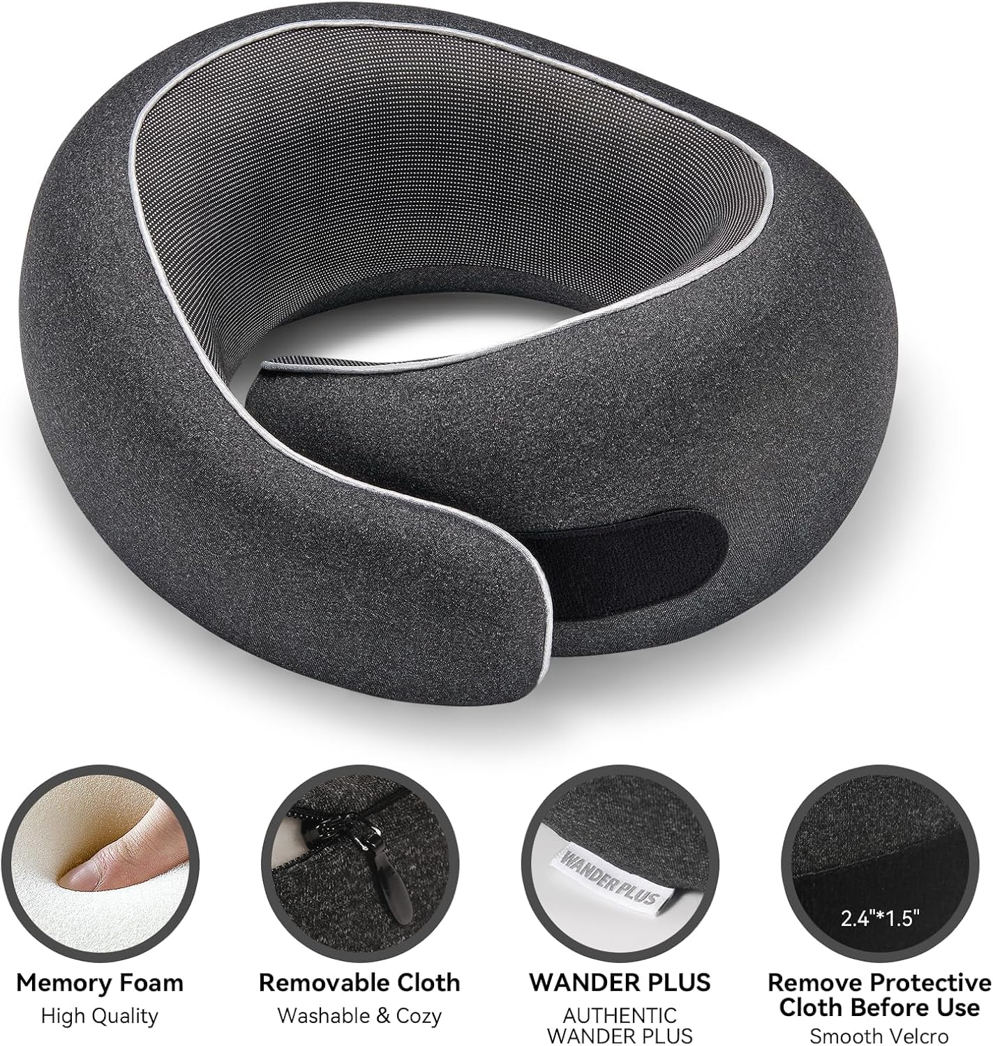 WANDER PLUS® Travel Neck Pillow, Pure Memory Foam Neck Pillow for Airplanes, Comfortable Breathable Cover, 360 Degree Support Ergonomic Design Best for Sleeping Plane Train Travel Essentials Max Black