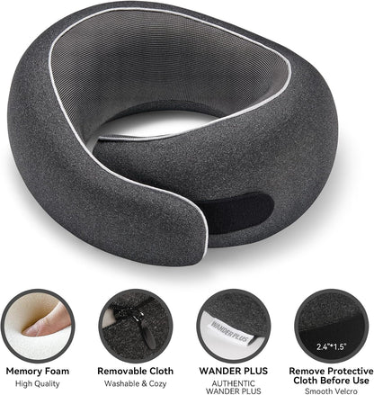 WANDER PLUS® Travel Neck Pillow, Pure Memory Foam Neck Pillow for Airplanes, Comfortable Breathable Cover, 360 Degree Support Ergonomic Design Best for Sleeping Plane Train Travel Essentials Max Black