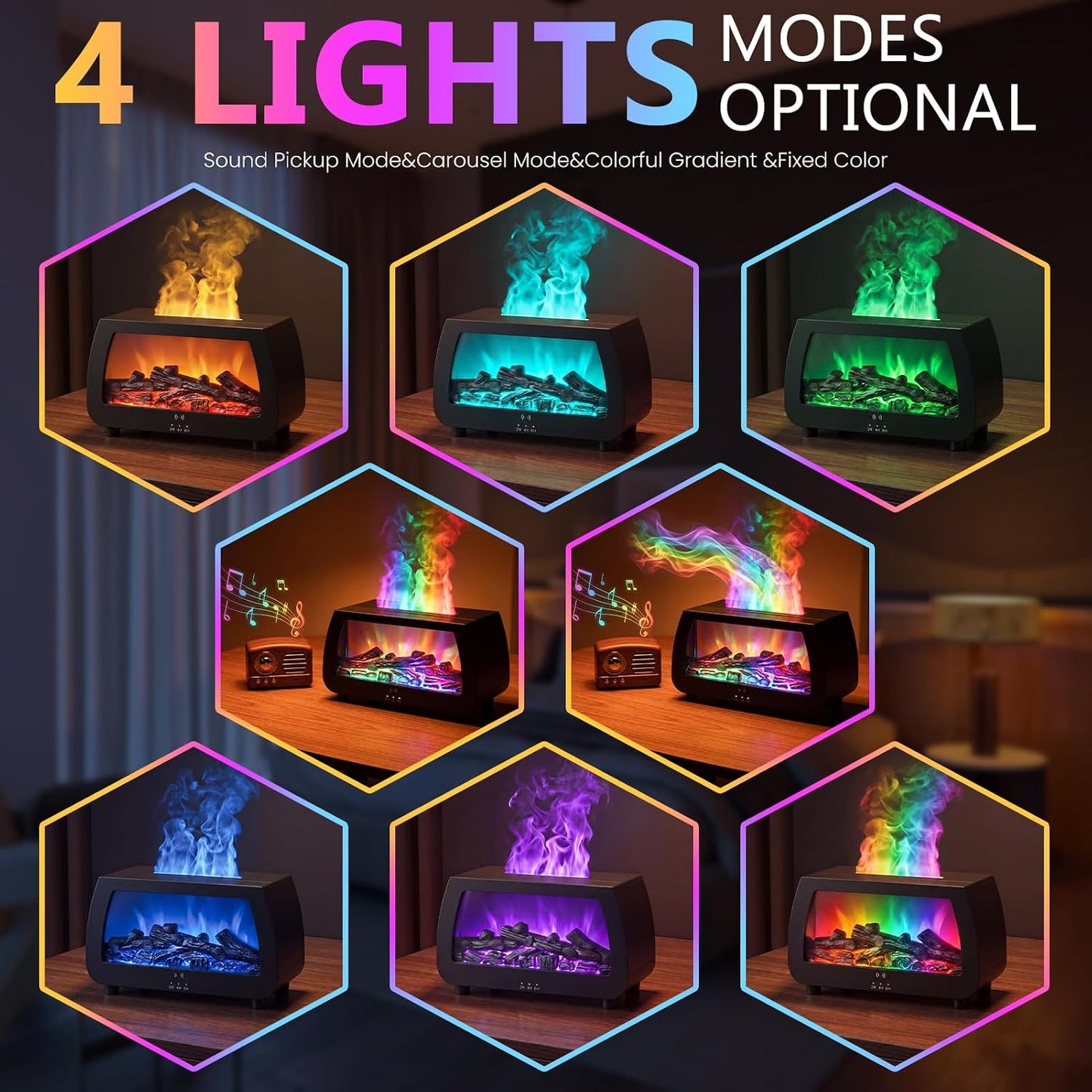 Simulated Fireplace Aroma Diffuser, 200mL Humidifier with Sound Pickup RGB Flame Lights, Timer & Remote Control, 7.5W Quiet Essential Oil Diffuser for Home, Bedroom, Office
