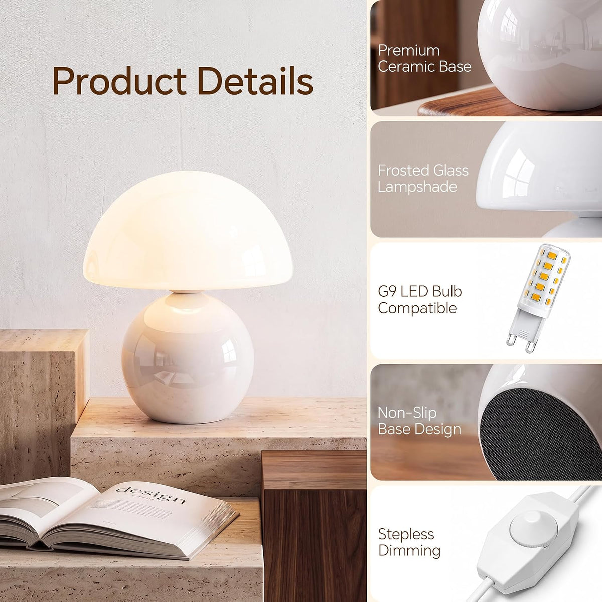Dawnwake Mushroom Lamp Table Lamp for Bedroom-Small Desk Table Lamps,White