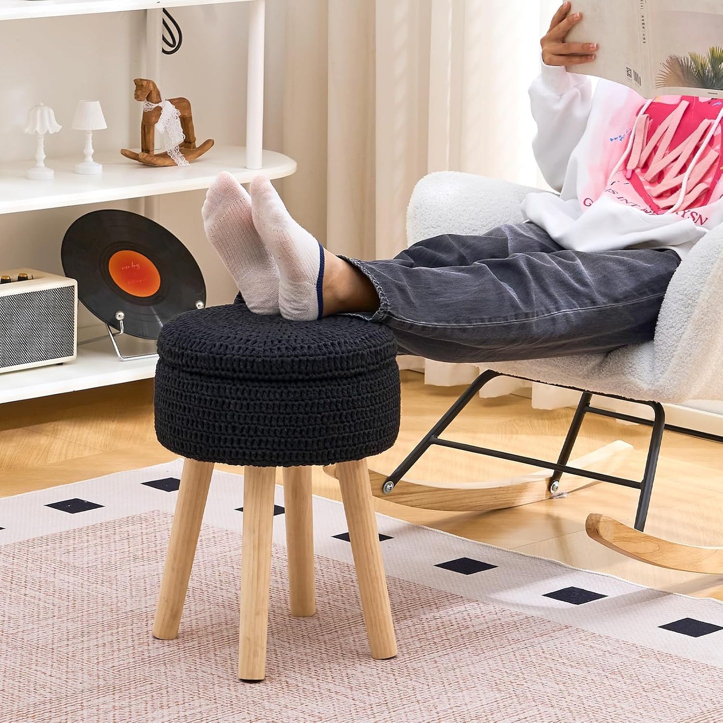 Wimarsbon Pouf Ottoman, 100% Cotton Knitted Boho Footstool, Round Footrest with Non-Skid Wood Legs, Home Décor Handmade Pouffe, Leisure Floor Step Stool for Living Room (Beige)