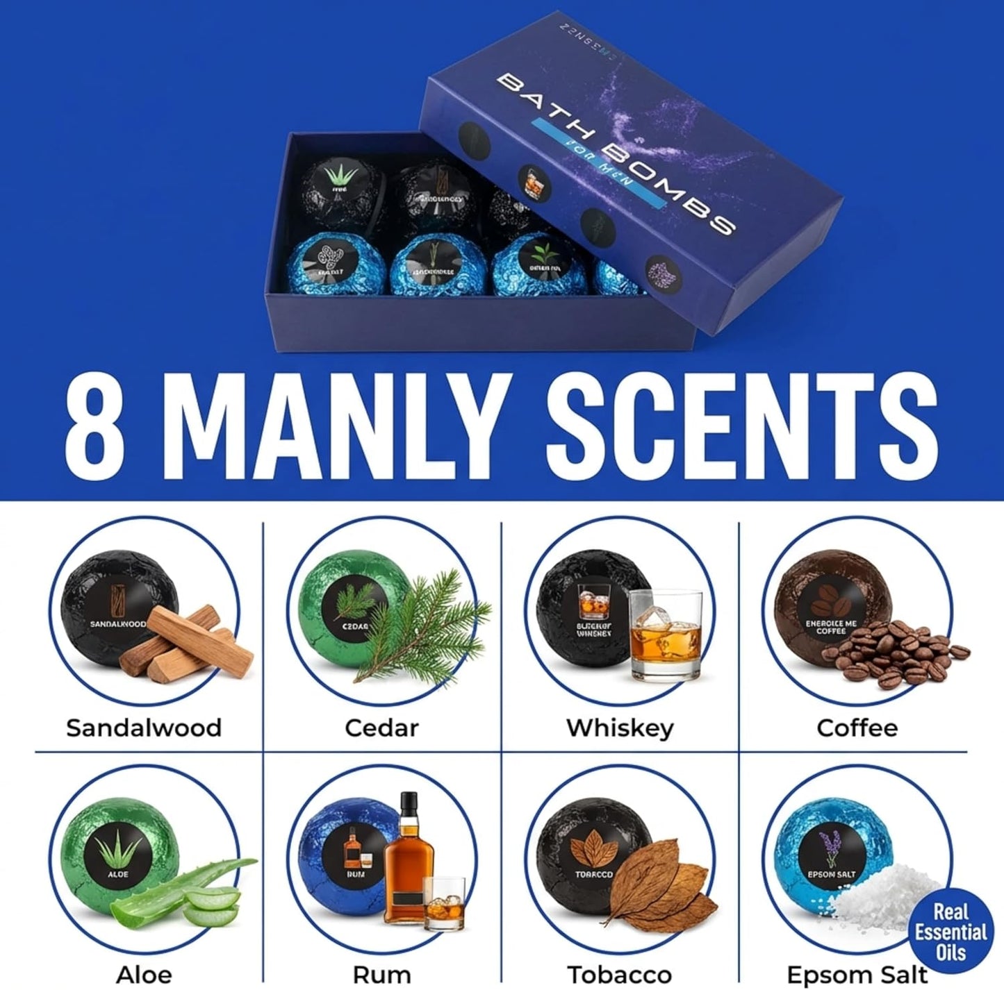 Bath Bombs for Men - Gift Set of 18 Square Shaped Handmade Natural Bath Bombs of 2.5 oz w/Essential Oils, Unique Manly Scents, for Boyfriend, Husband, Father - 18 Pack Square