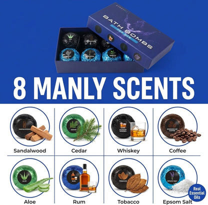 Bath Bombs for Men - Gift Set of 18 Square Shaped Handmade Natural Bath Bombs of 2.5 oz w/Essential Oils, Unique Manly Scents, for Boyfriend, Husband, Father - 18 Pack Square