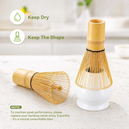 Matcha Whisk Set with Ceramic Bowl - Complete Matcha Making Kit, Bamboo Whisk (Chasen), Whisk Holder, Matcha Powder Sifter, Scoop, Japanese Tea Ceremony Tools（Green）