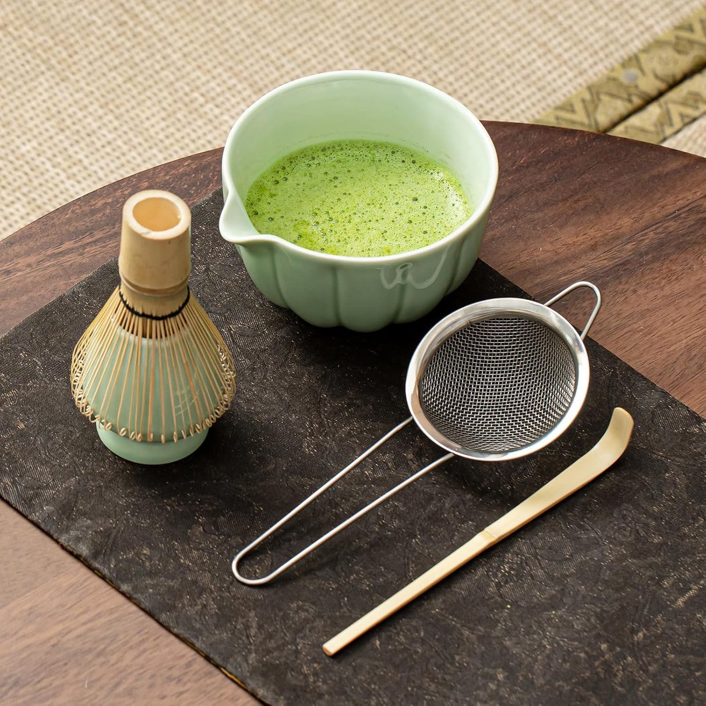 Matcha Whisk Set, Matcha Set Includes Ceramic Matcha Bowl, Bamboo Whisk, Scoop, Chasen Holder, Sifter, 5 Pcs Perfect Matcha Kit for Matcha Lover (Mottled Green)