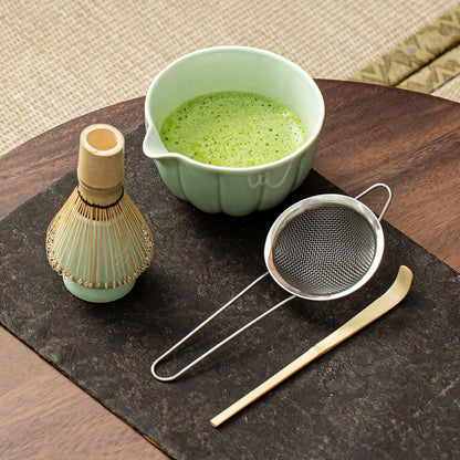 Matcha Whisk Set, Matcha Set Includes Ceramic Matcha Bowl, Bamboo Whisk, Scoop, Chasen Holder, Sifter, 5 Pcs Perfect Matcha Kit for Matcha Lover (Mottled Green)