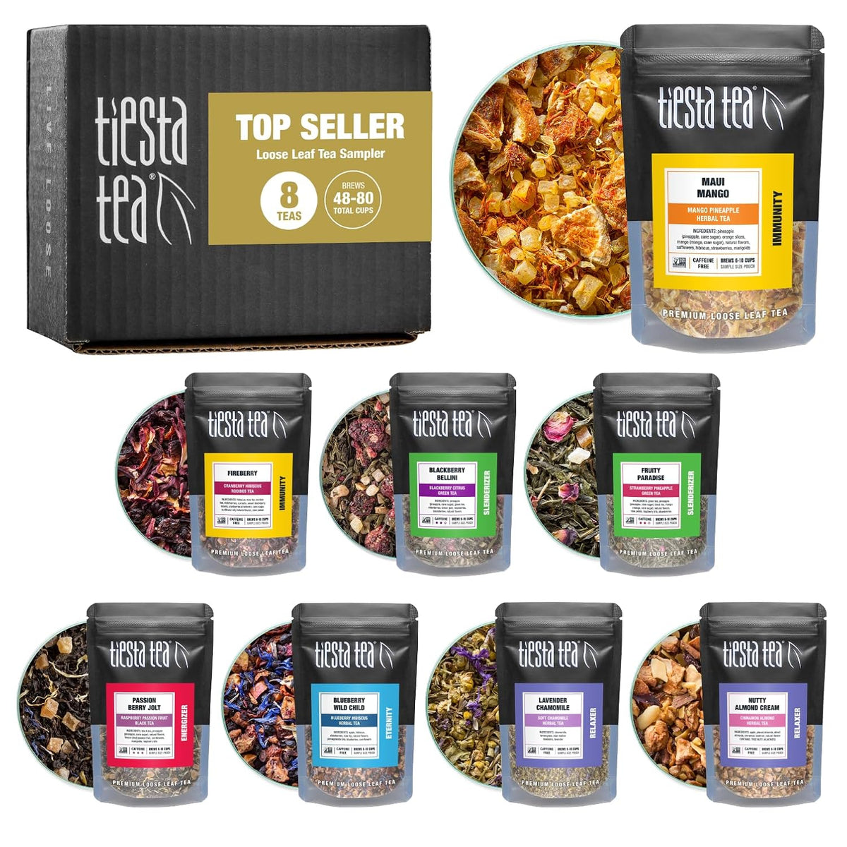 Tiesta Tea Top 8 Favorites Sampler Set Loose Leaf Up to 80 Cups 8 Pouches