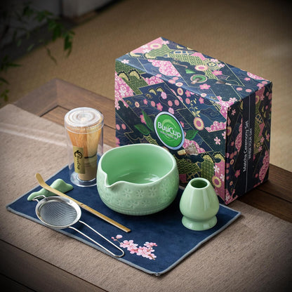 Buucup Matcha Whisk Set, Ceramic Matcha Kit Set Includes Matcha Bowl, Matcha Whisk and Holder, Bamboo Scoop, Scoop Rest, Sifter and Tea Towel - 7 Pcs Matcha Kit for Matcha Lovers (Mottled Green)