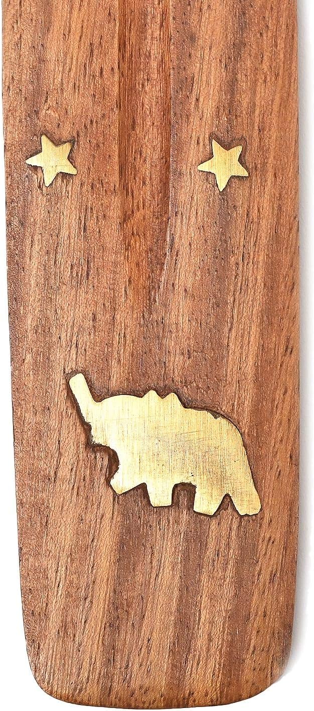 Wooden Incense Holder for Sticks with Inlays of Brass Crescent Moon 10 inches Long