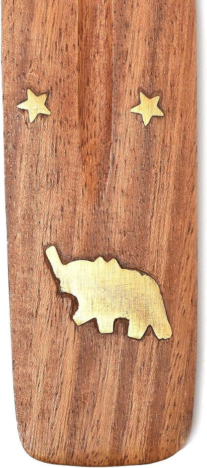 Wooden Incense Holder for Sticks with Inlays of Brass Crescent Moon 10 inches Long