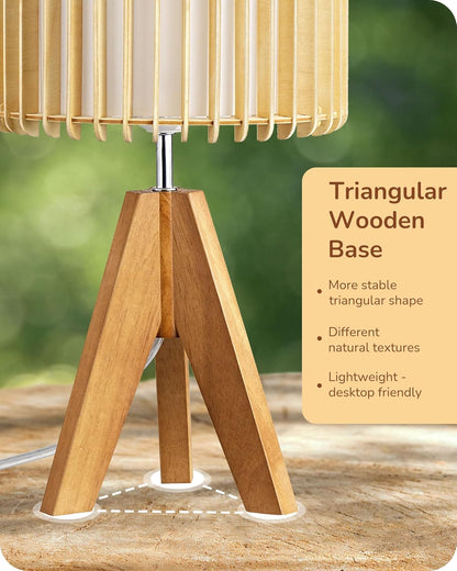 EDISHINE Tripod Table Lamp, Small Cute Bedside Lamp with Linen Beige Lampshade, Nightstand Lamp for Nursery, Bedroom, Kid Room, Living Room, Light Brown Wooden Base, E26 Socket, 14.2 Inch
