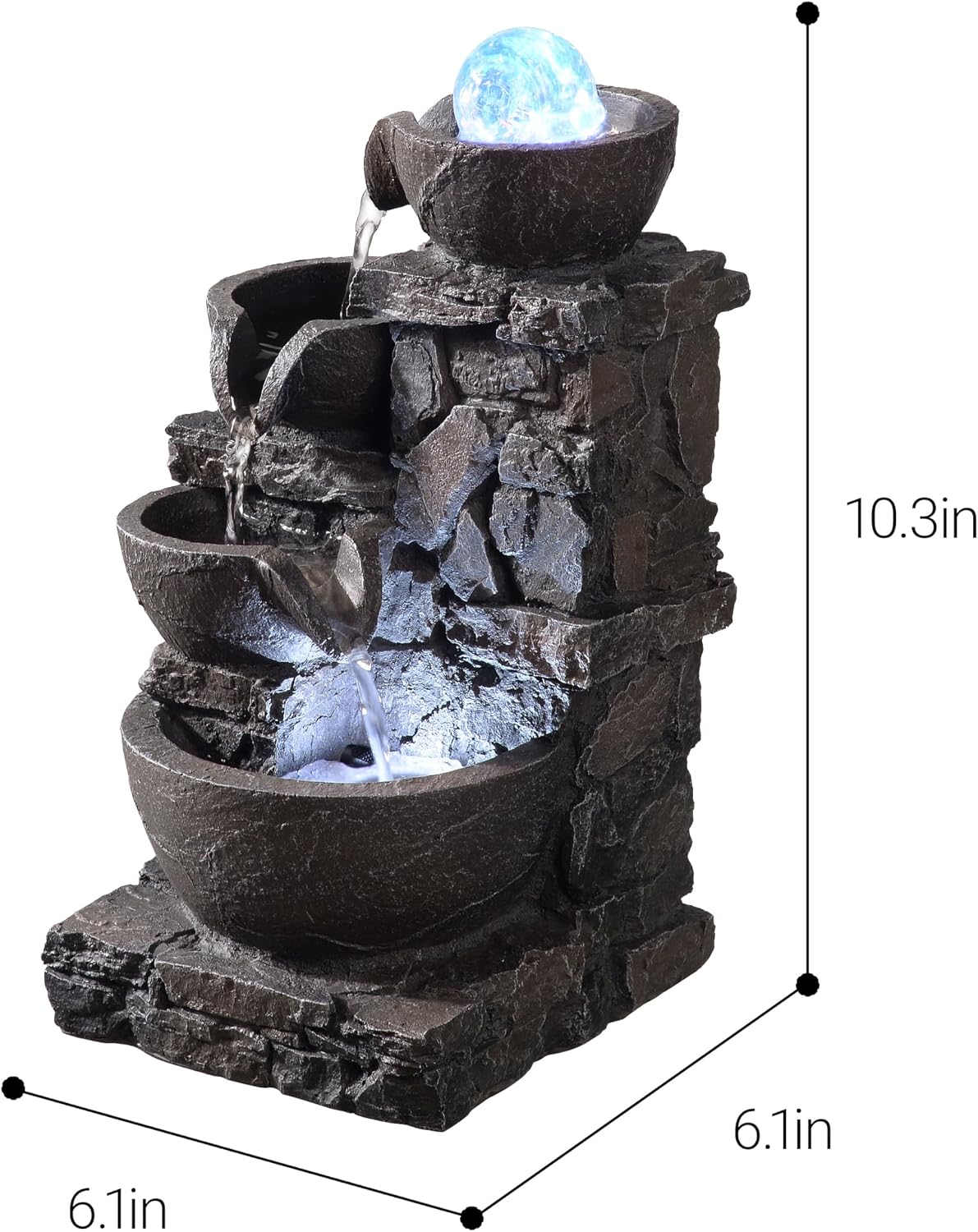 Tabletop Indoor Water Fountain – 3-Tier Rock Waterfall Fountain with Warm LED Light and DIY Planting Pot – Relaxing Small Water Feature for Desk or Home Decor (23061)