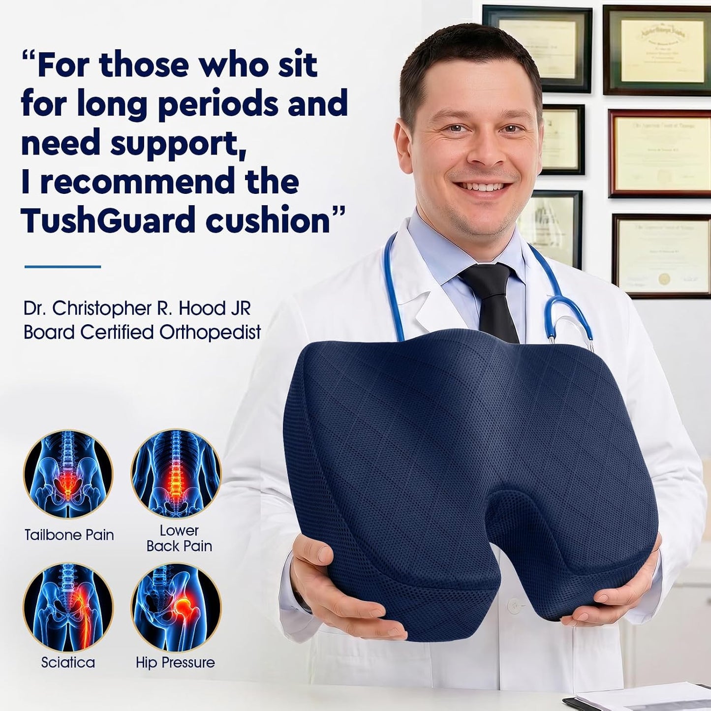 TushGuard Seat Cushion - Memory Foam Sitting Pillow for Office Chair, Car Seat, Airplane, Bleacher - Sciatica & Hip & Coccyx Pain Relief Desk Chair Cushion for Long Sitting Office Workers, Car Drivers