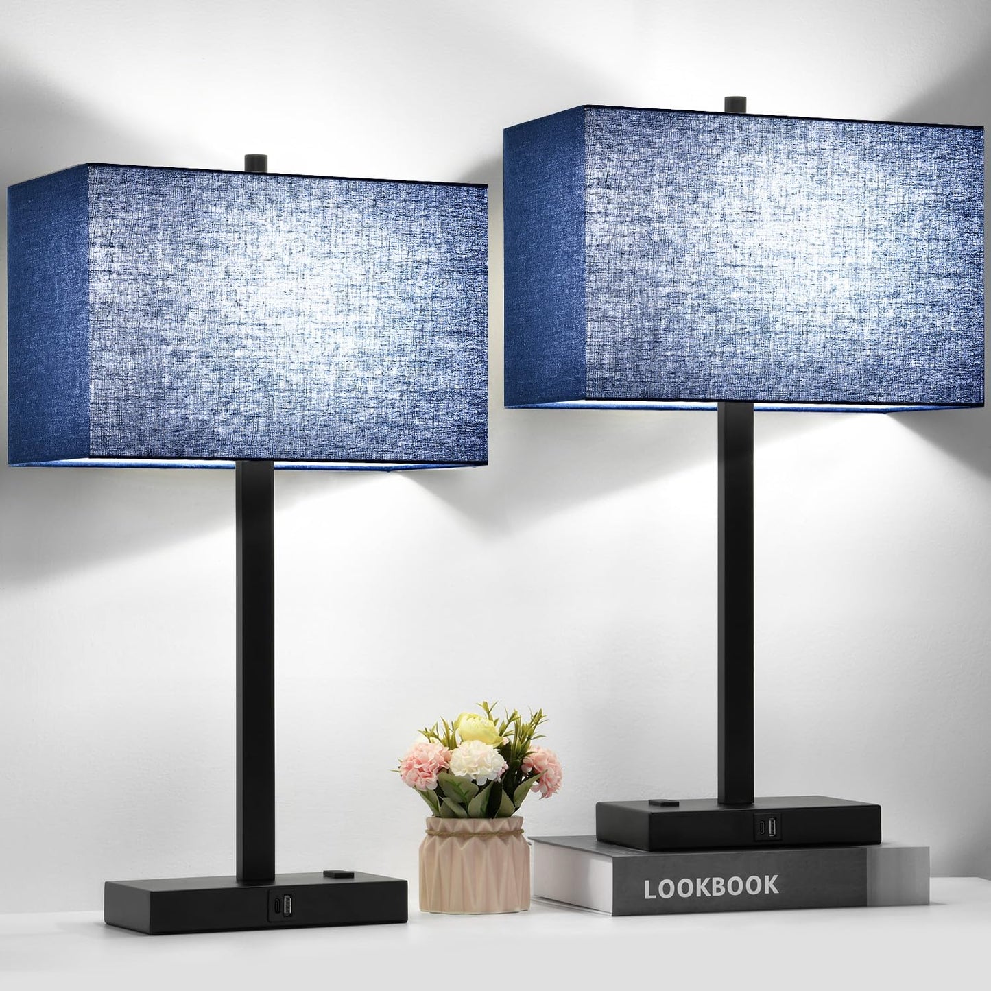 21" Touch Bedside lamps with 2 USB & AC Outlets, 3-Way Dimmable Bedside Table Lamps Set of 2 for Bedroom Living Room Office Reading, Gray Shade Lamps for Night Stands, 5000K LED Bulbs Included