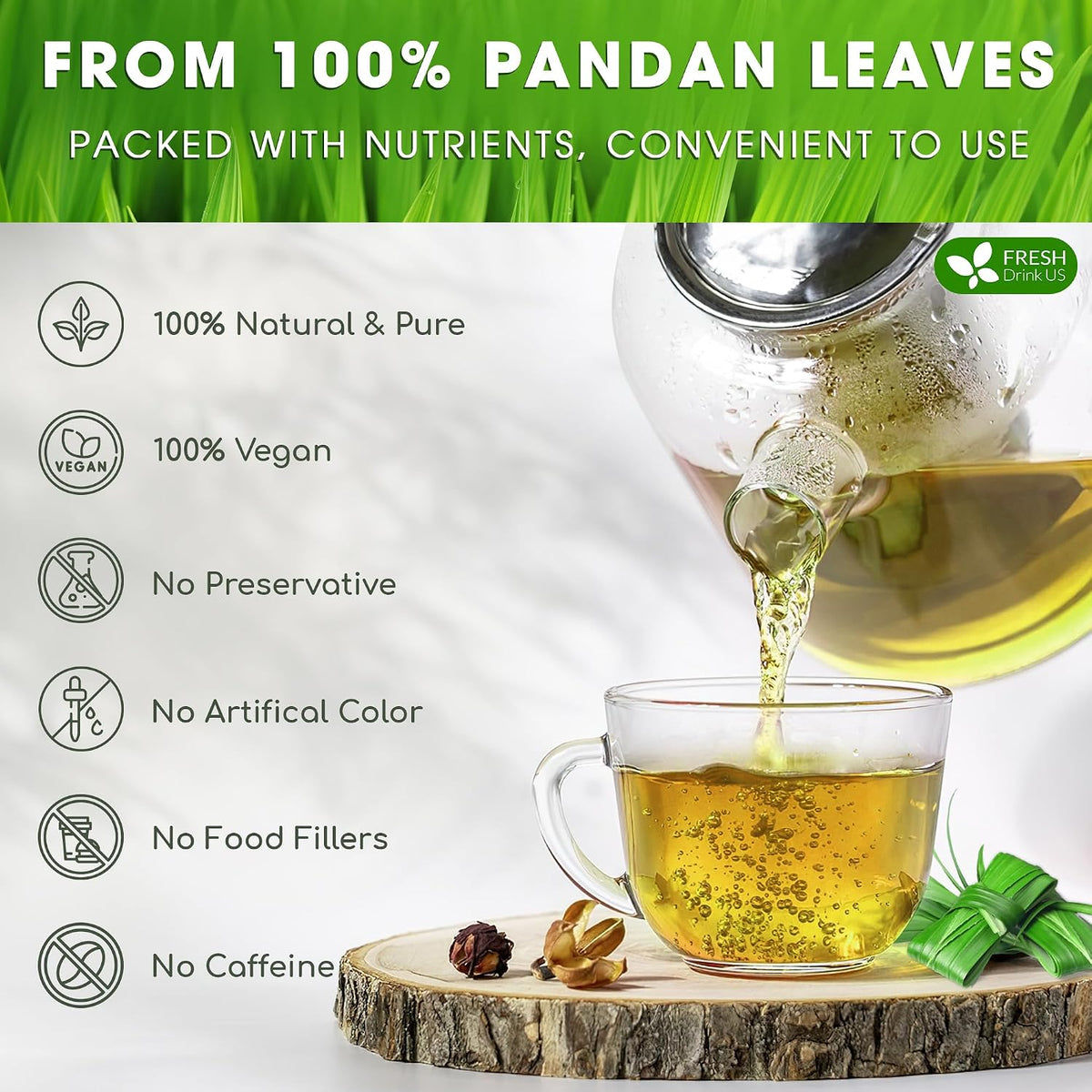 FreshDrinkUS, Premium Pandan Leaf Tea, 30 Count, Pure, Caffeine Free